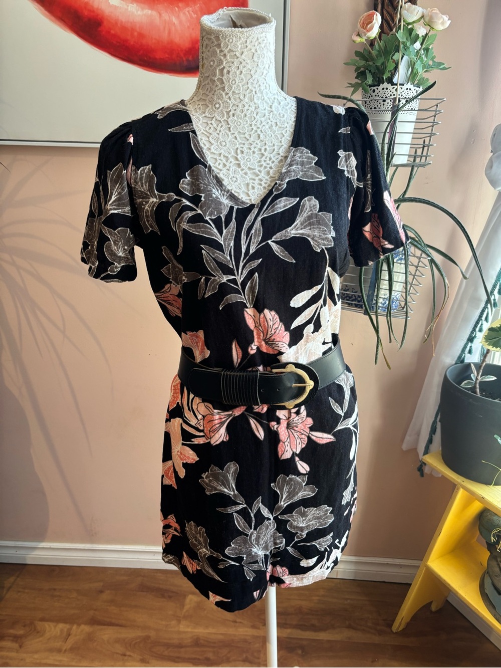 Original by Nicole Miller Black Floral V-Neck Dress with Pink & Cream Blooms